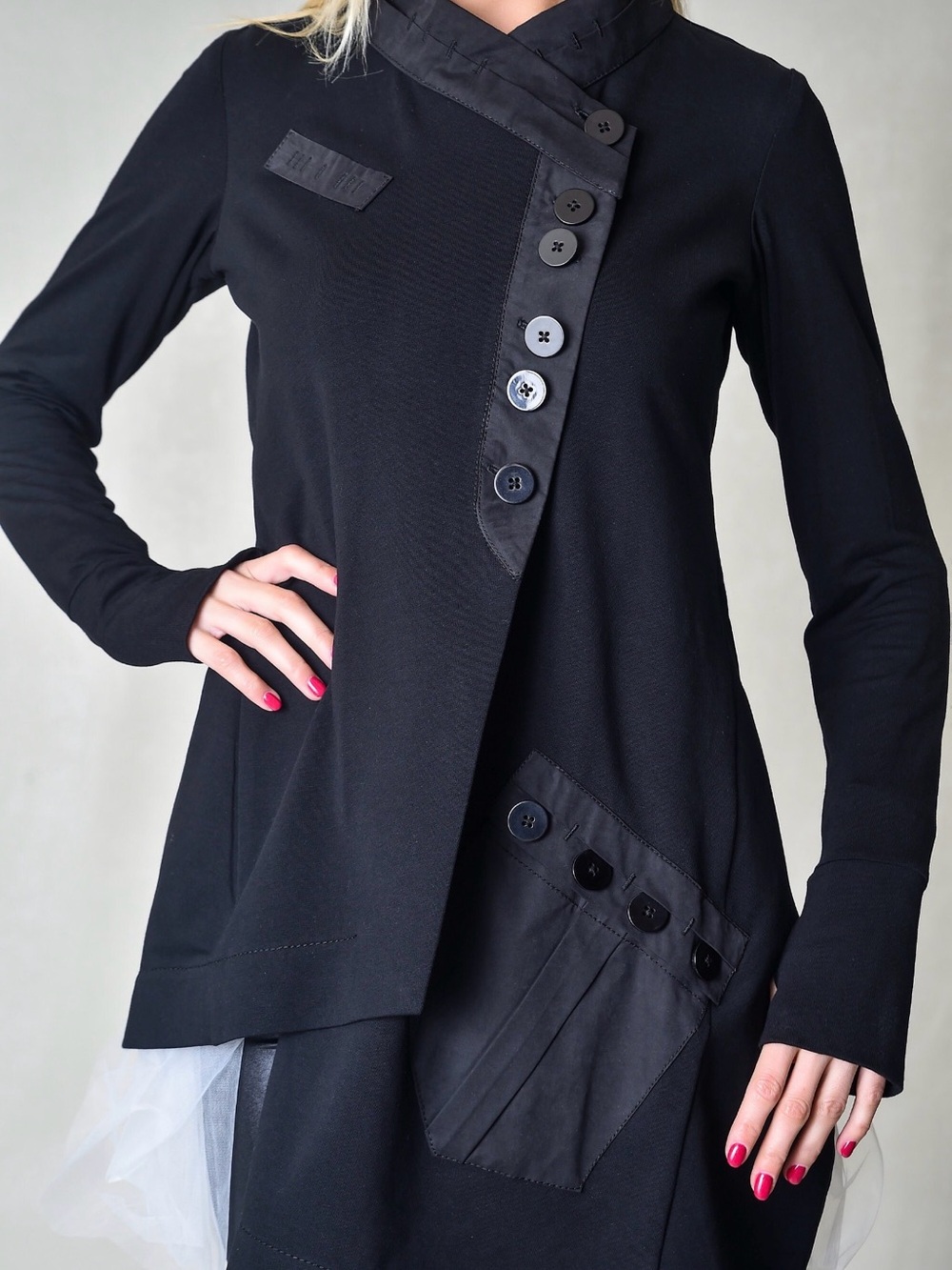 Women’s black custom blazer with fancy button front and soft (tutu) back.